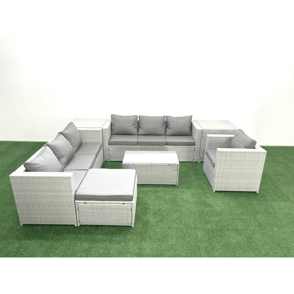 Fimous Wicker PE Rattan Sofa Garden Furniture Set with Armchair Oblong Coffee Table Big Footstool 2 Side Tables Light Grey Mixed