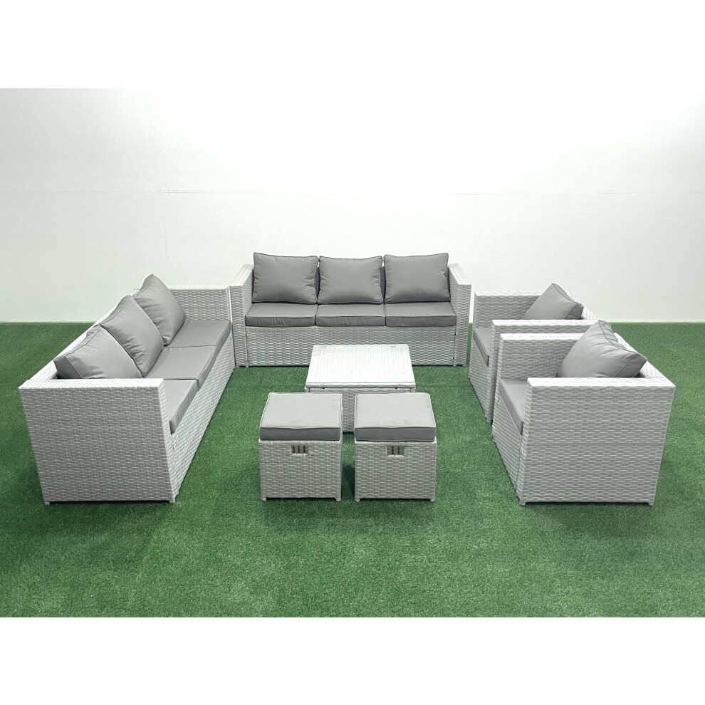 Fimous Unisex Light Grey Outdoor Rattan Sofa Garden Furniture Set With 2 Armchairs Square Coffee Table 2 Footstools Mixed Small - Image 3