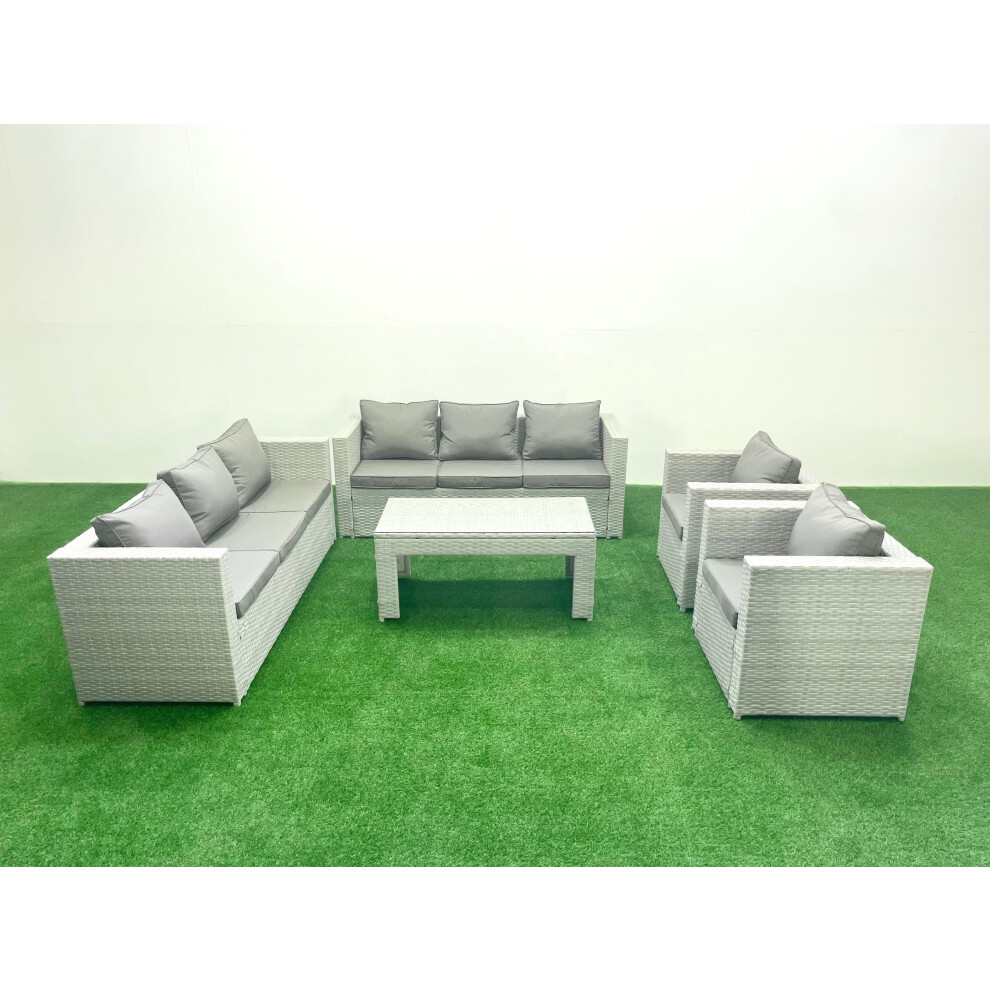 Fimous Outdoor Garden Furniture Rattan Sofa Set with 2 Armchairs Oblong Coffee Table Light Grey Mixed