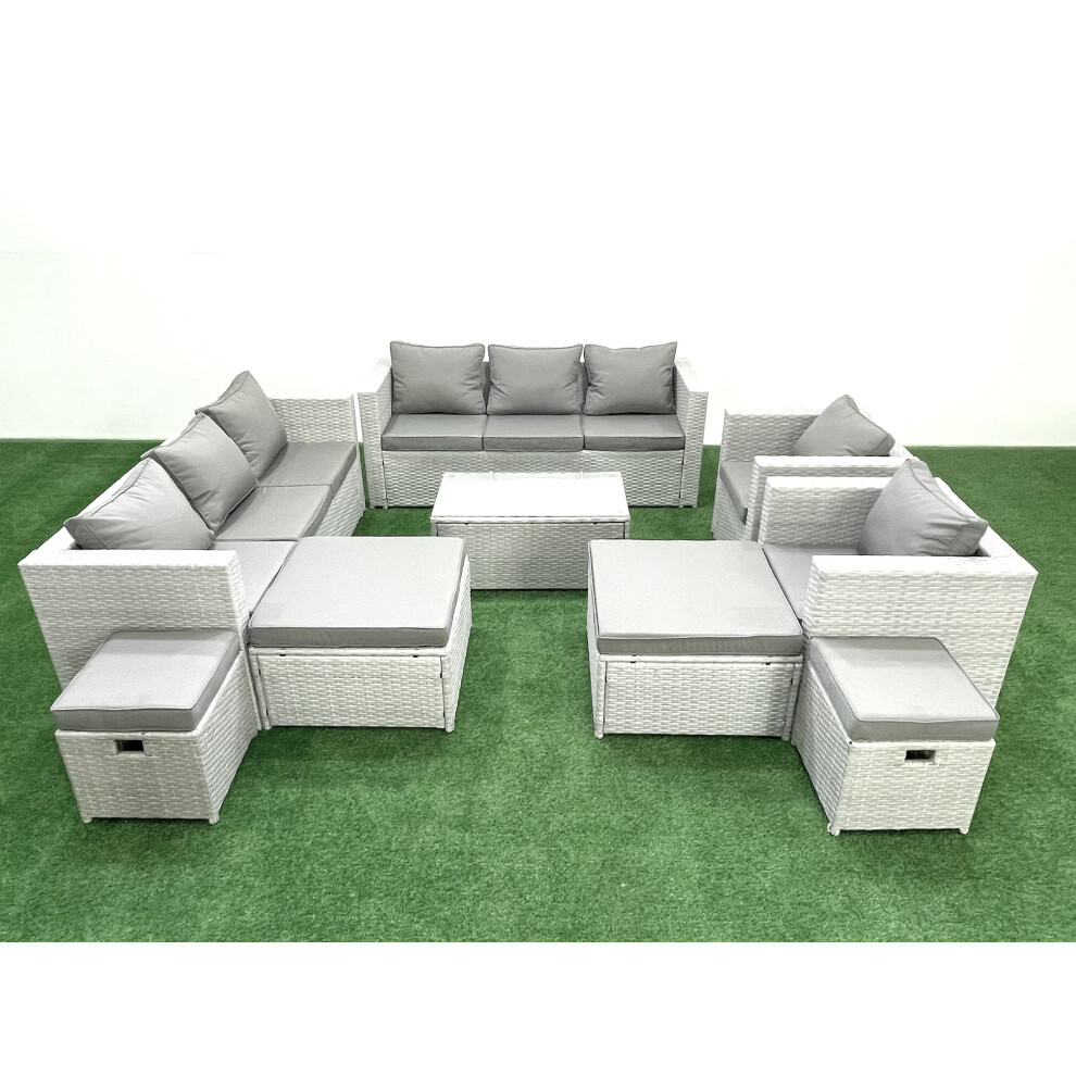 Fimous 9 Pieces Rattan Garden Furniture Set Outdoor Garden Sofa Chair Coffee Table Set with 4 Footstools Light Grey Mixed