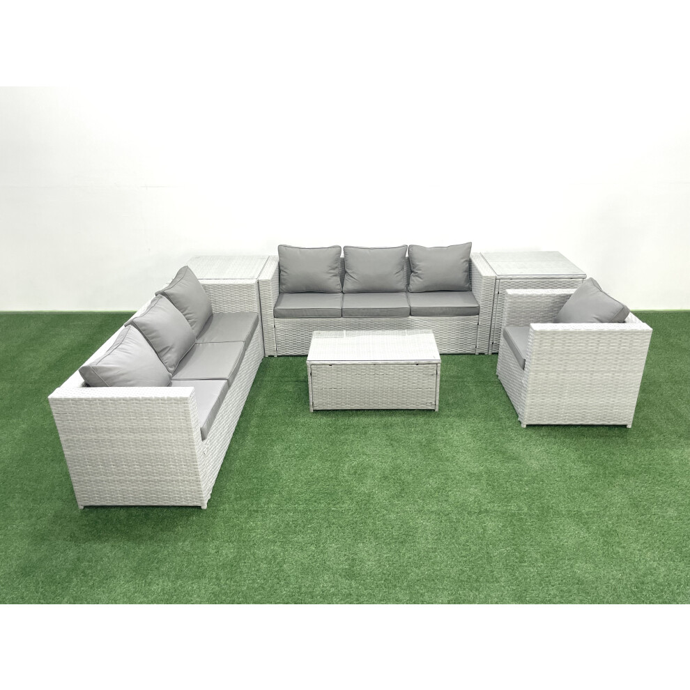 Fimous Wicker PE Rattan Sofa Garden Furniture Set with Armchair Oblong Coffee Table 2 Side Tables Light Grey Mixed