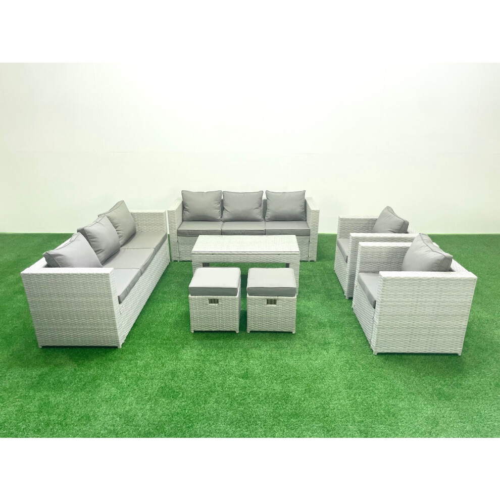 Fimous Outdoor Garden Furniture Rattan Sofa Set with 2 Armchairs Oblong Coffee Table 2 Small Footstools Light Grey Mixed