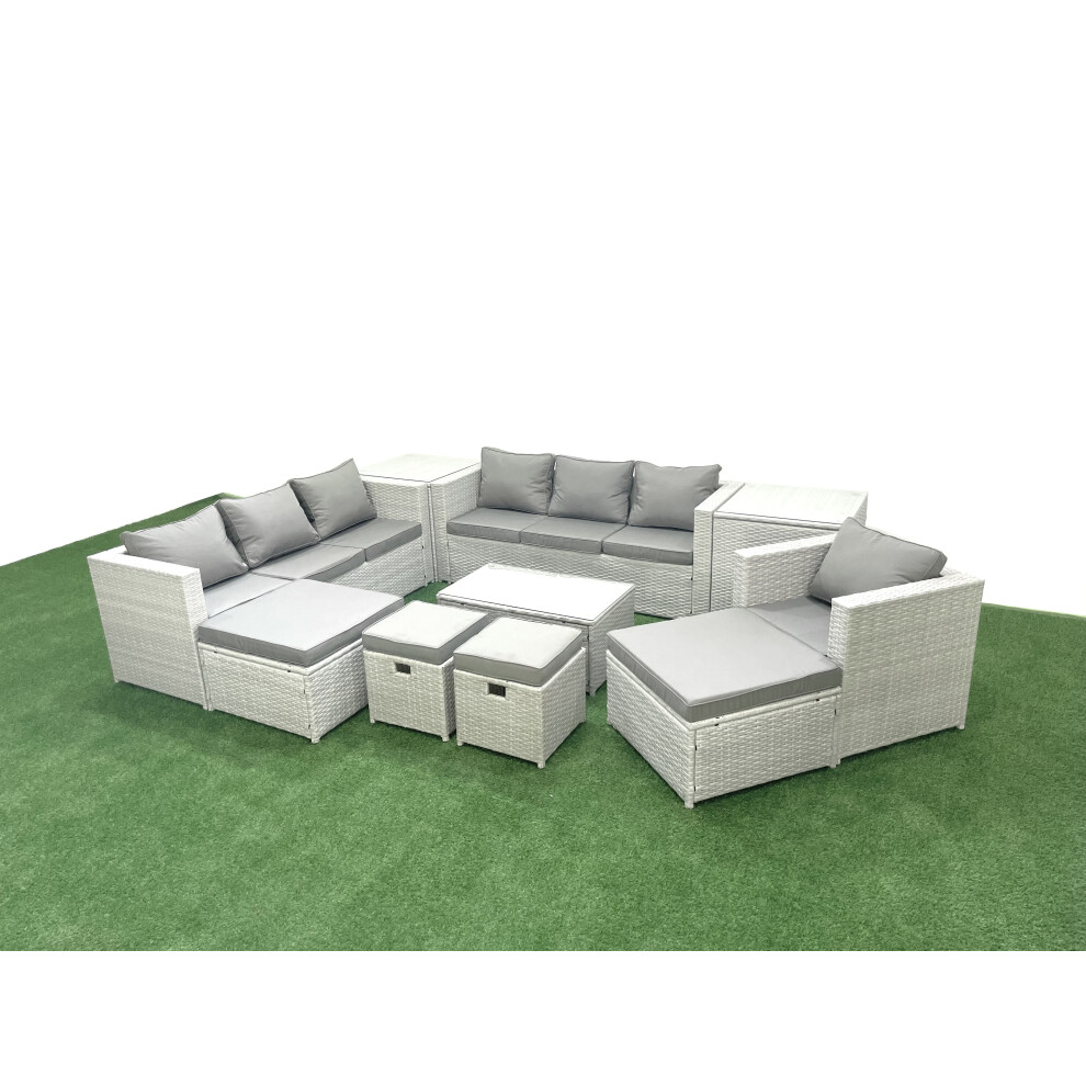 Fimous 10 Pieces Rattan Garden Furniture Set Outdoor Garden Sofa Chair Coffee Table Set with 2 Side Tables 4 Footstools Light Grey Mixed