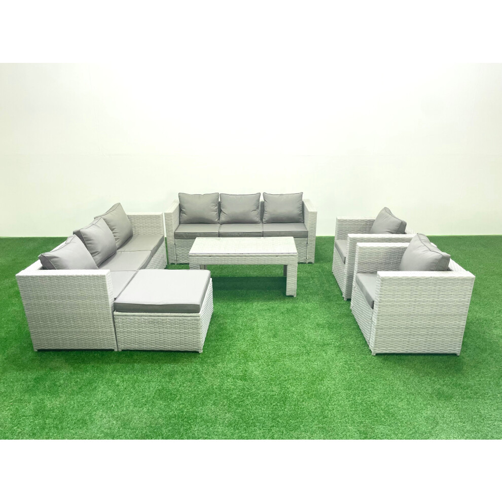 Fimous Outdoor Garden Furniture Rattan Sofa Set with 2 Armchairs Oblong Coffee Table Big Footstool Light Grey Mixed