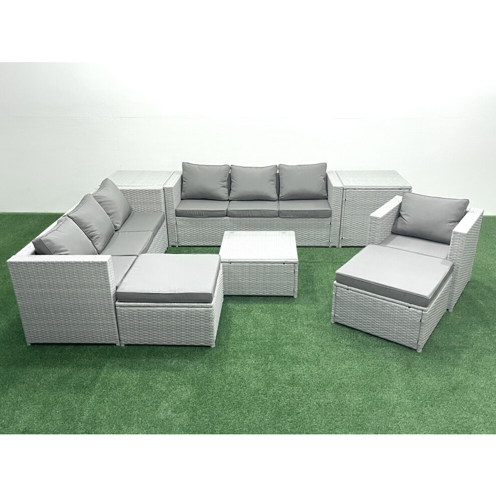 Fimous Wicker PE Rattan Sofa Garden Furniture Set with Armchair Square Coffee Table 2 Big Footstools 2 Side Tables Light Grey Mixed