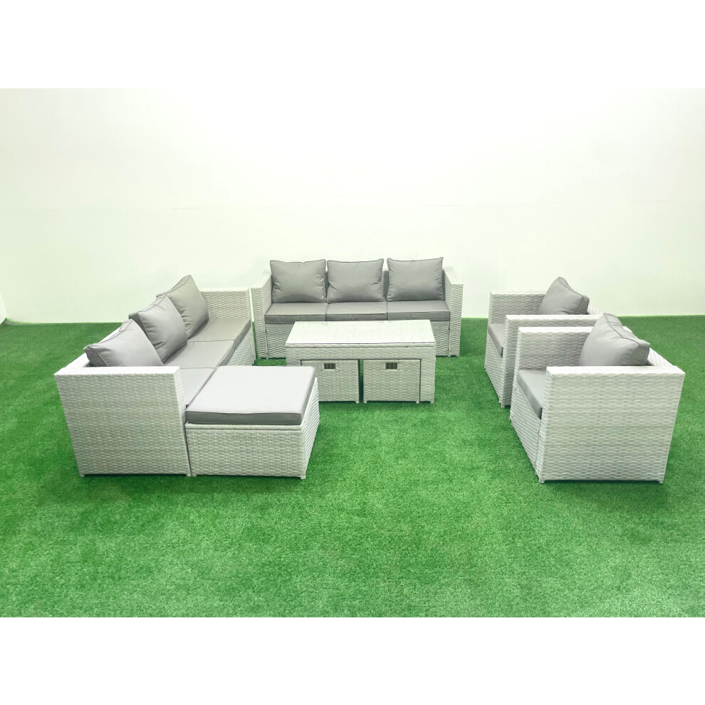 Fimous Outdoor Garden Furniture Rattan Sofa Set with 2 Armchairs Oblong Coffee Table 3 Footstools Light Grey Mixed