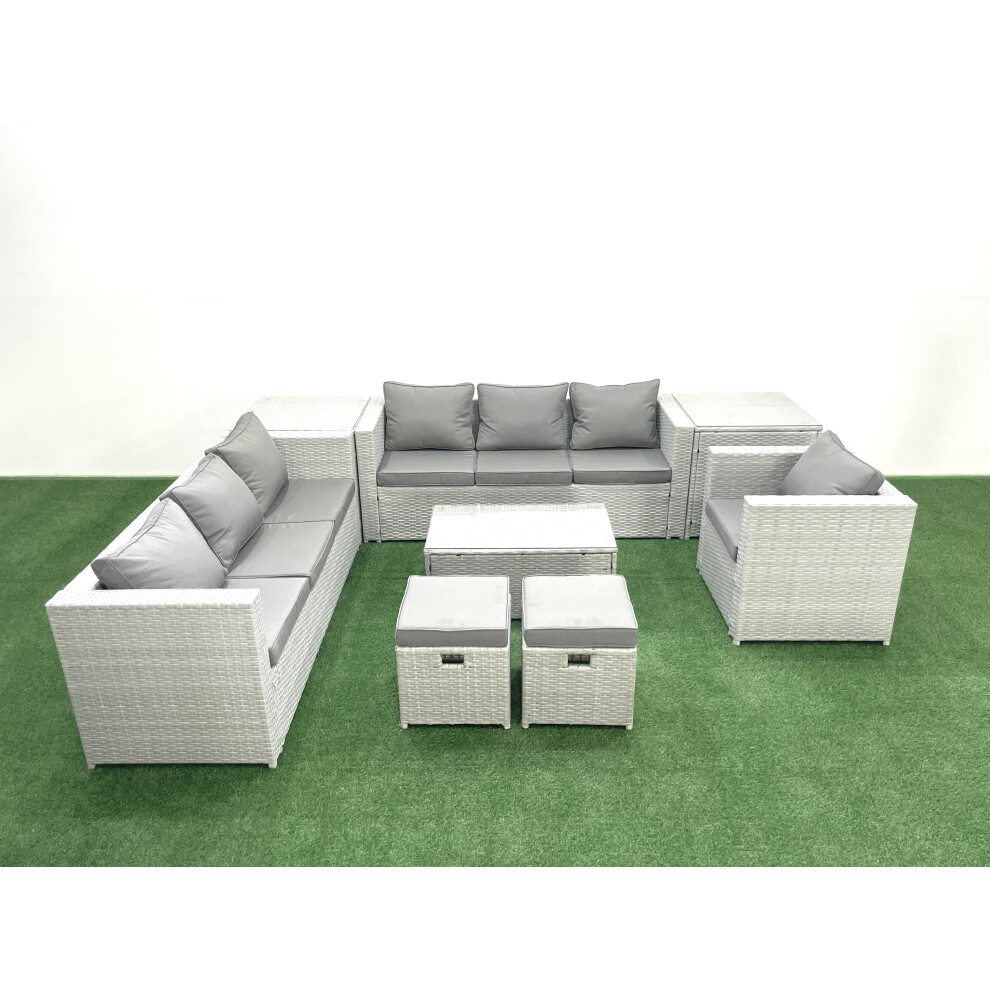 Fimous Wicker PE Rattan Sofa Garden Furniture Set with Armchair Oblong Coffee Table 2 Small Footstools 2 Side Tables Light Grey Mixed