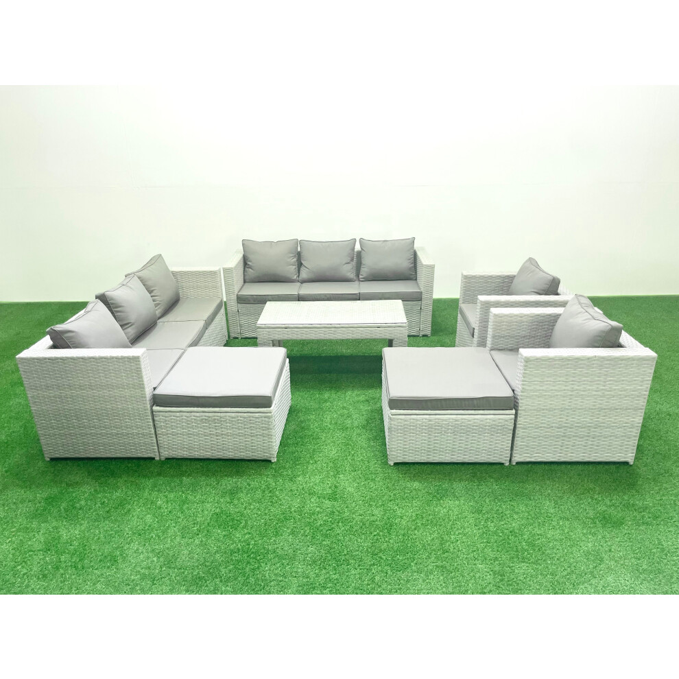 Fimous Outdoor Garden Furniture Rattan Sofa Set With 2 Armchairs Oblong Coffee Table 2 Big Footstools Light Mixed Grey