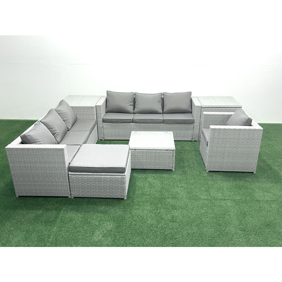 Fimous Wicker PE Rattan Sofa Garden Furniture Set with Armchair Square Coffee Table Big Footstool 2 Side Tables Light Grey Mixed