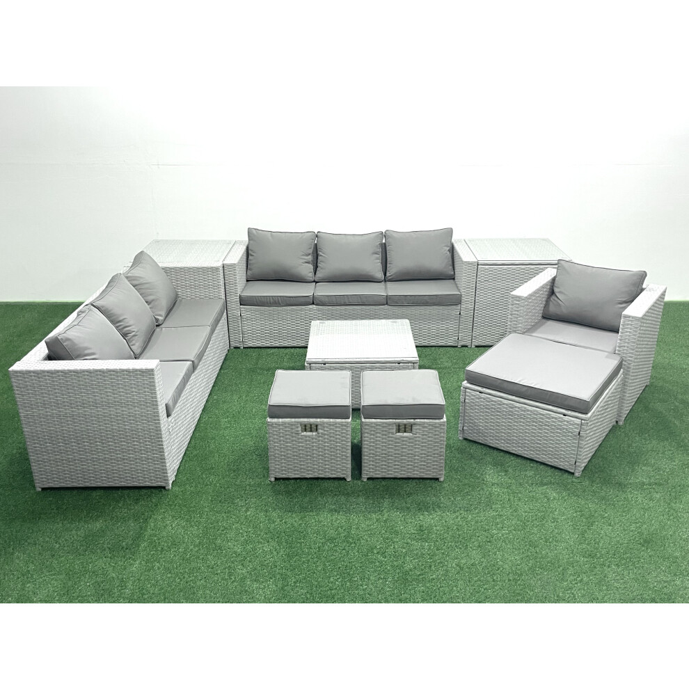 Fimous Wicker PE Rattan Sofa Garden Furniture Set with Armchair Square Coffee Table 3 Footstools 2 Side Tables Light Grey Mixed