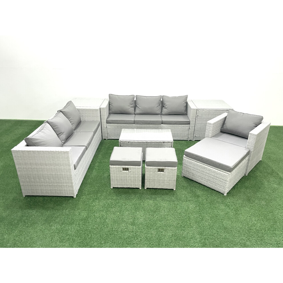 Fimous Wicker PE Rattan Sofa Garden Furniture Set with Armchair Oblong Coffee Table 3 Footstools 2 Side Tables Light Grey Mixed