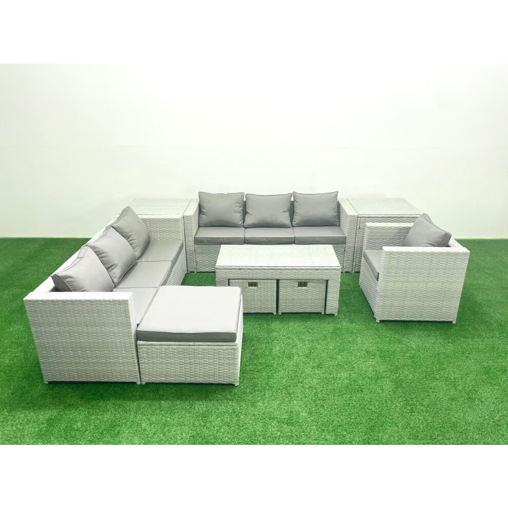 Fimous Wicker PE Rattan Sofa Garden Furniture Set with Oblong Coffee Table Armchair 3 Footstools 2 Side Tables Light Grey Mixed