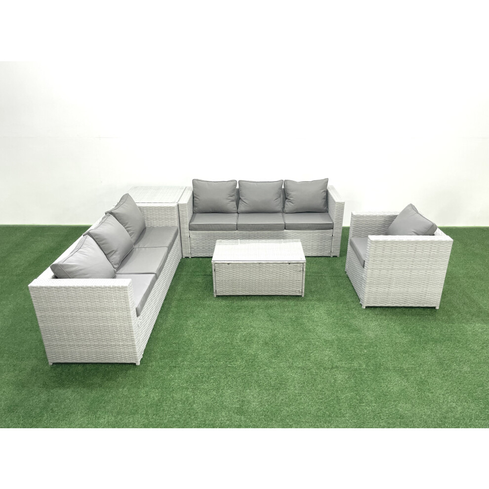 Fimous Wicker PE Rattan Sofa Garden Furniture Set with Armchair Oblong Coffee Table Side Table Light Grey Mixed