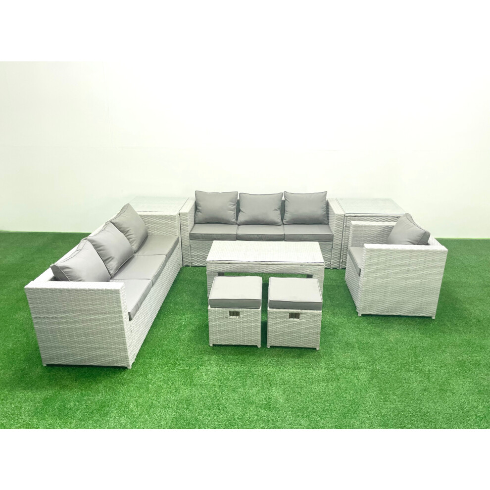 Fimous Wicker Pe Rattan Sofa Garden Furniture Set With Oblong Coffee Table Armchair 2 Small Footstools 2 Side Tables Light Grey Mixed