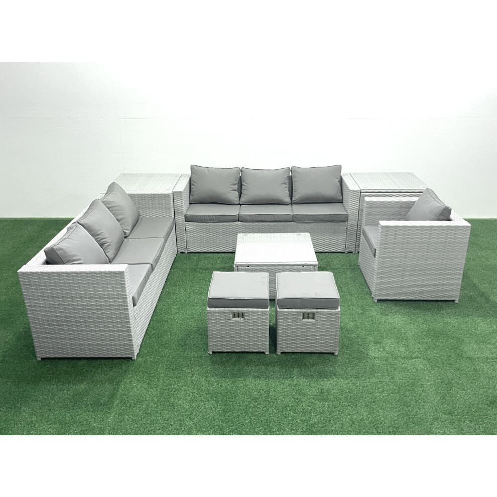 Fimous Wicker PE Rattan Sofa Garden Furniture Set with Armchair Square Coffee Table 2 Small Footstools 2 Side Tables Light Grey Mixed