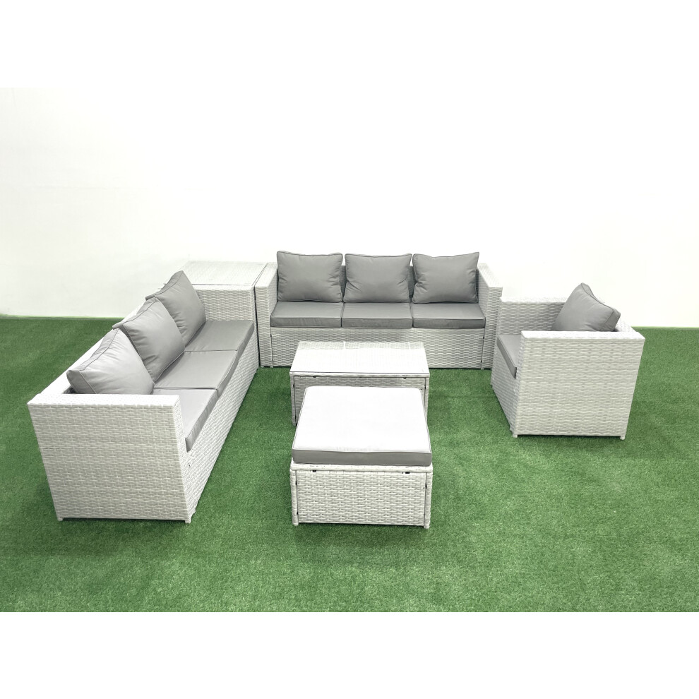 Fimous Wicker PE Rattan Sofa Garden Furniture Set with Armchair Oblong Coffee Table Big Footstool Side Table Light Grey Mixed