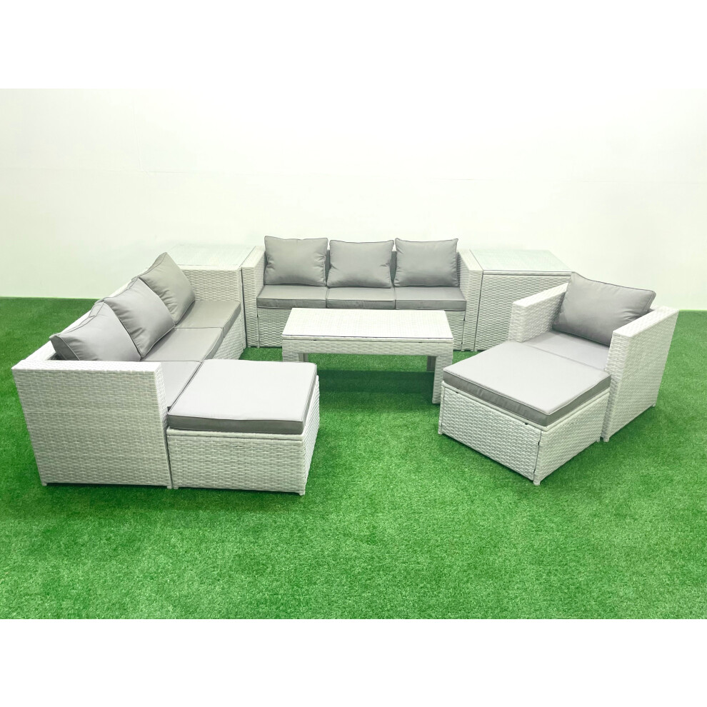 Fimous Wicker PE Rattan Sofa Garden Furniture Set with Oblong Coffee Table Armchair 2 Big Footstools 2 Side Tables Light Grey Mixed