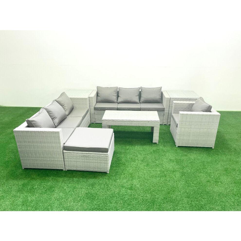 Fimous Wicker PE Rattan Sofa Garden Furniture Set with Oblong Coffee Table Armchair Big Footstool 2 Side Tables Light Grey Mixed