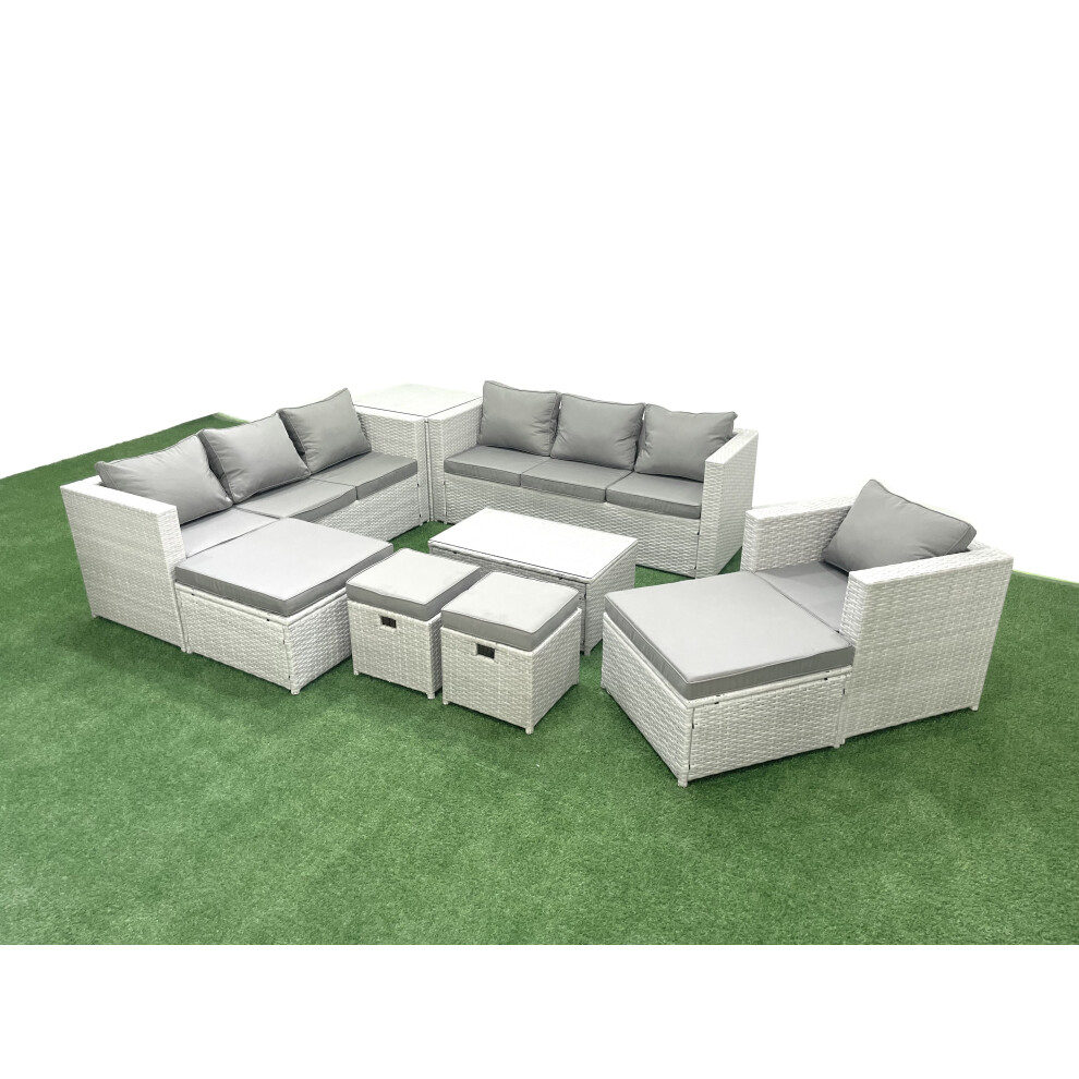 Fimous Rattan Garden Furniture Set 9 Pieces Outdoor Garden Sofa Chair Coffee Table Set with Side Table 4 Footstools Light Grey Mixed