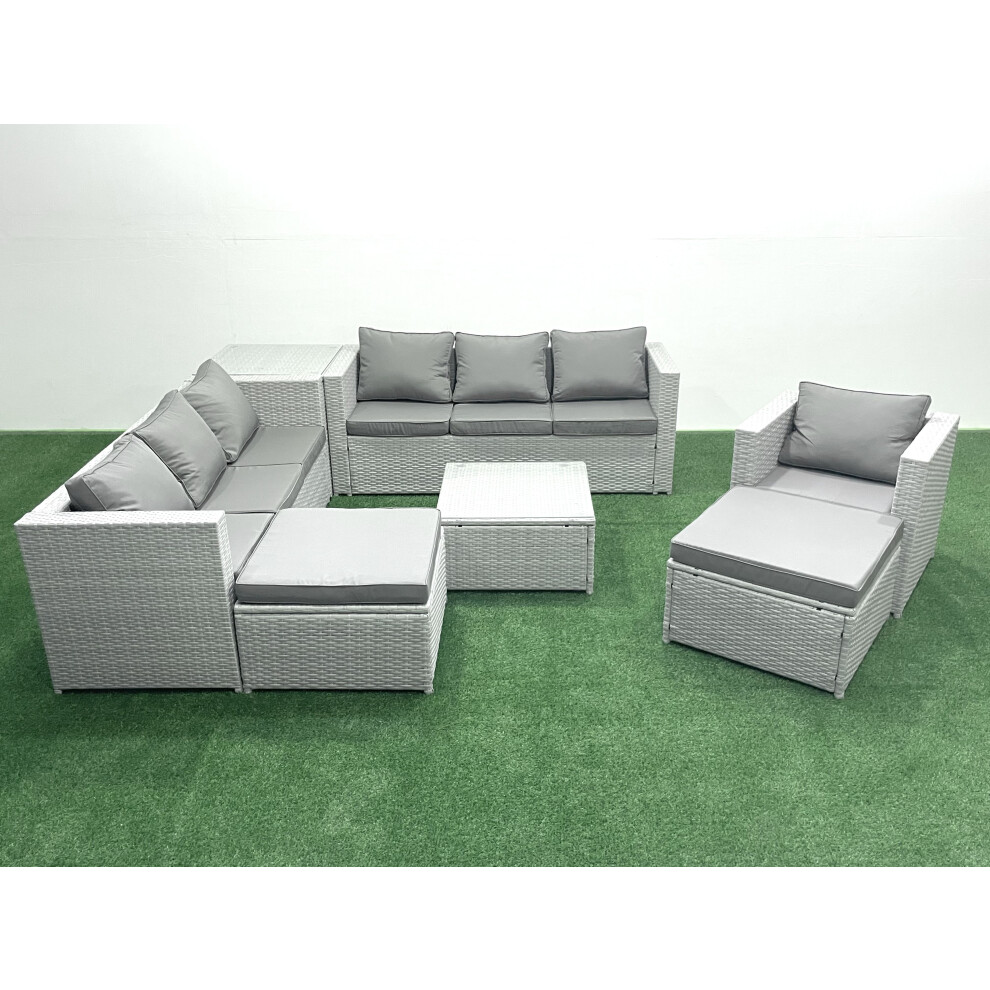 Fimous Wicker PE Rattan Sofa Garden Furniture Set with Armchair Square Coffee Table 2 Big Footstools Side Table Light Grey Mixed