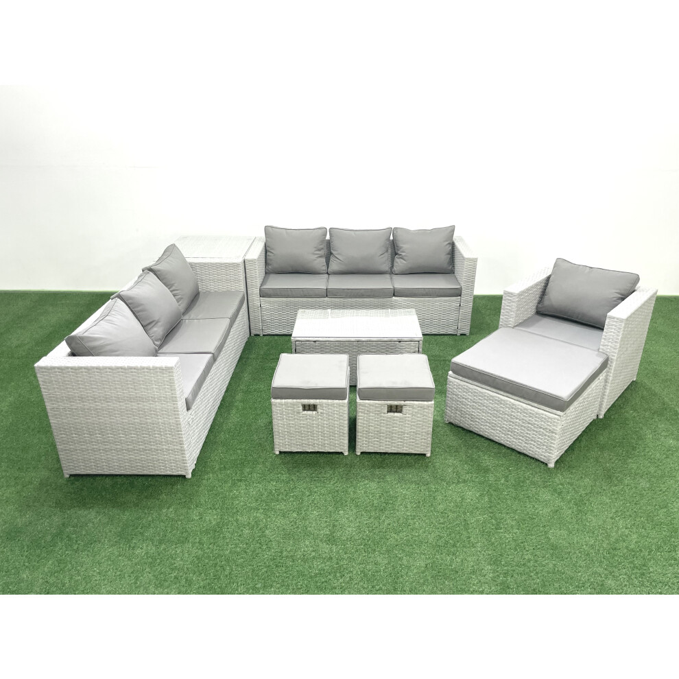 Fimous Wicker PE Rattan Sofa Garden Furniture Set with Armchair Oblong Coffee Table 3 Footstools Side Table Light Grey Mixed