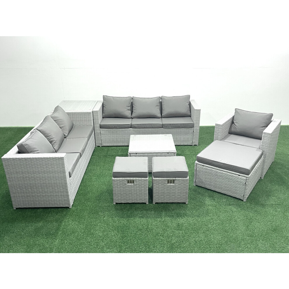 Fimous Wicker PE Rattan Sofa Garden Furniture Set with Armchair Square Coffee Table 3 Footstools Side Table Light Grey Mixed