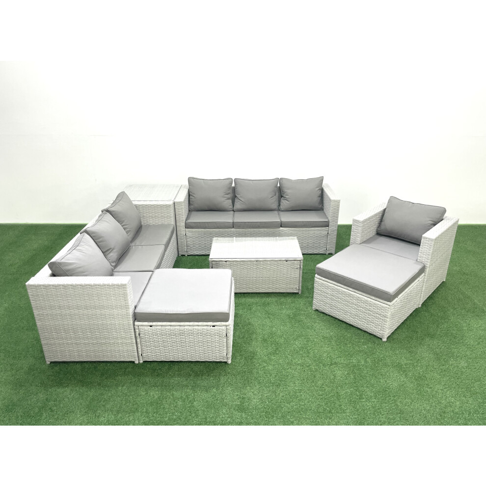 B&Q - Wicker Pe Rattan Sofa Garden Furniture Set Armchair Oblong Coffee Table 2 Big Stools Side Table Light Grey - Image 3