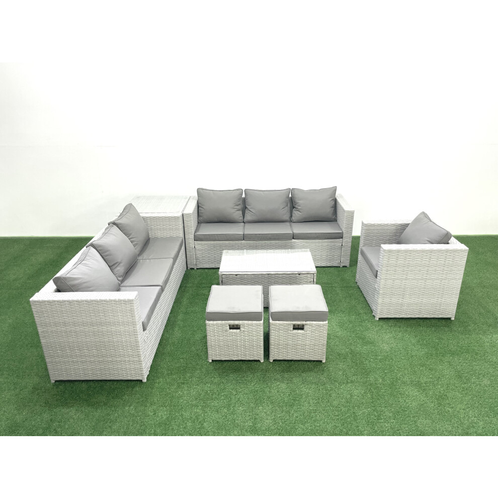 Fimous Wicker PE Rattan Sofa Garden Furniture Set with Armchair Oblong Coffee Table 2 Small Footstools Side Table Light Grey Mixed