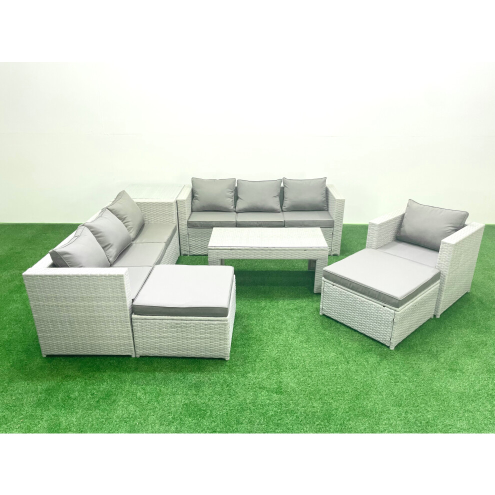 Fimous Wicker PE Rattan Sofa Garden Furniture Set with Oblong Coffee Table Armchair 2 Big Footstools Side Table Light Grey Mixed