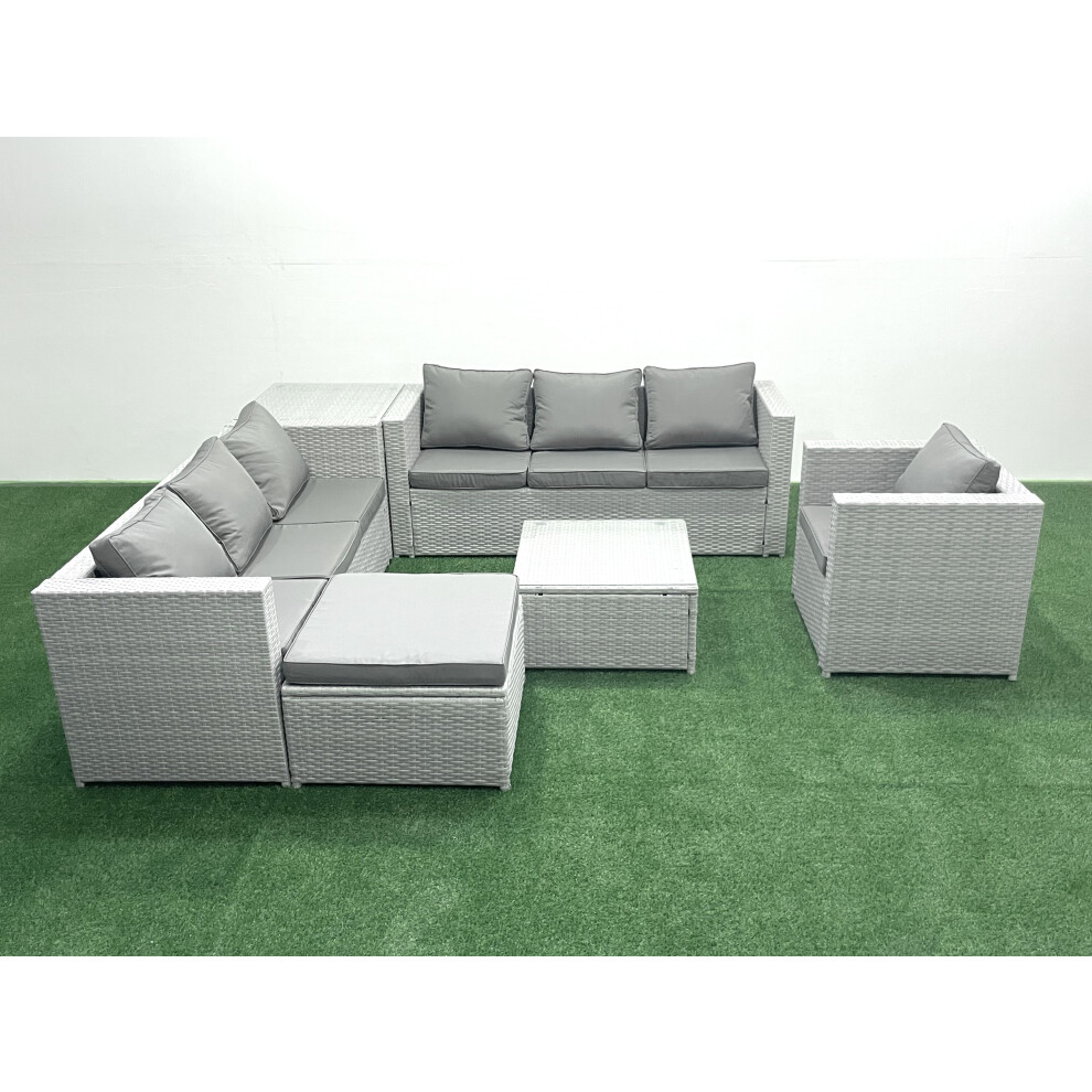 Fimous Wicker PE Rattan Sofa Garden Furniture Set with Armchair Square Coffee Table Big Footstool Side Table Light Grey Mixed