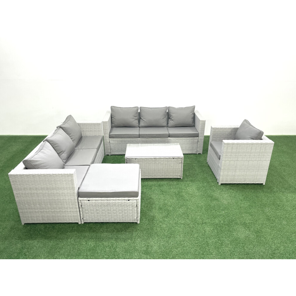 Fimous Wicker PE Rattan Sofa Garden Furniture Set with Armchair Oblong Coffee Table Big Footstool Light Grey Mixed