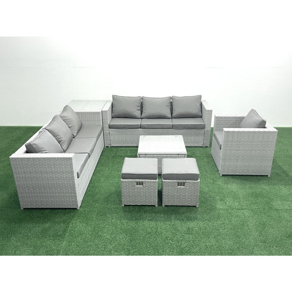 Fimous Wicker PE Rattan Sofa Garden Furniture Set with Armchair Square Coffee Table 2 Small Footstools Side Table Light Grey Mixed