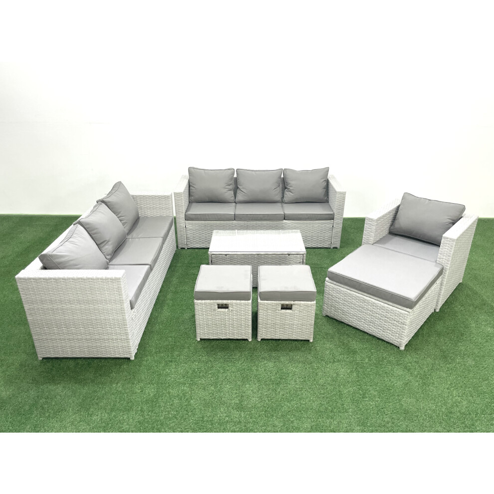 Fimous Wicker PE Rattan Sofa Garden Furniture Set with Armchair Oblong Coffee Table 3 Footstools Light Grey Mixed