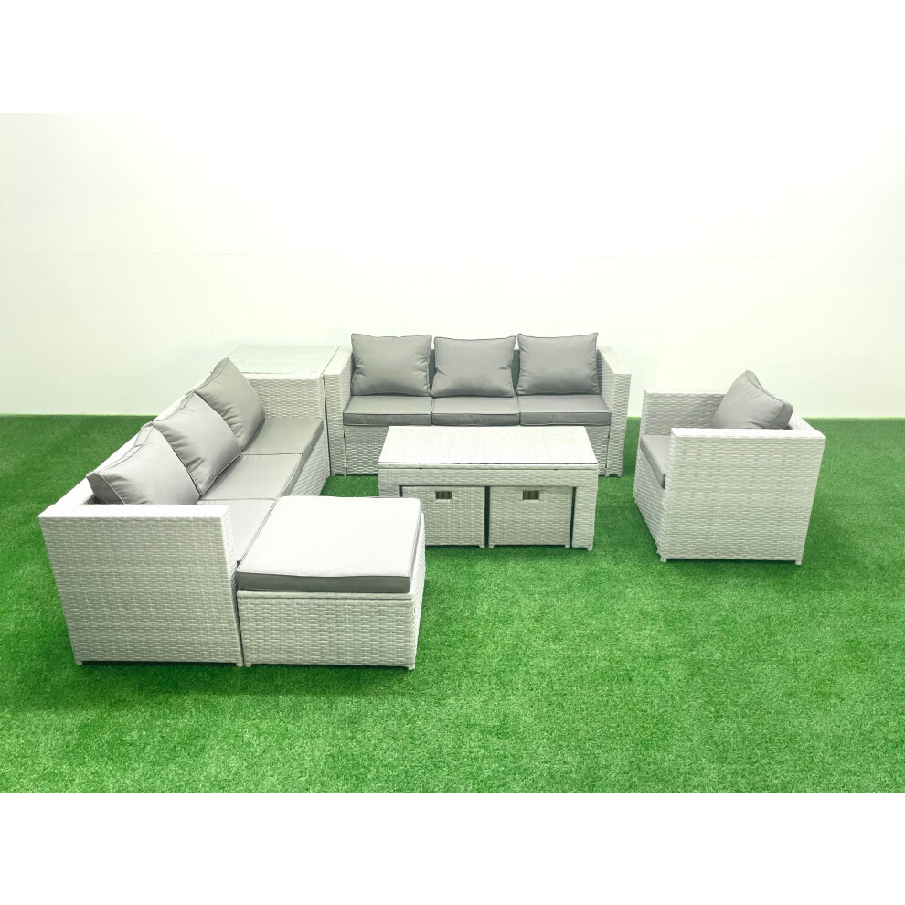 Fimous Wicker PE Rattan Sofa Garden Furniture Set with Oblong Coffee Table Armchair 3 Footstools Side Table Light Grey Mixed