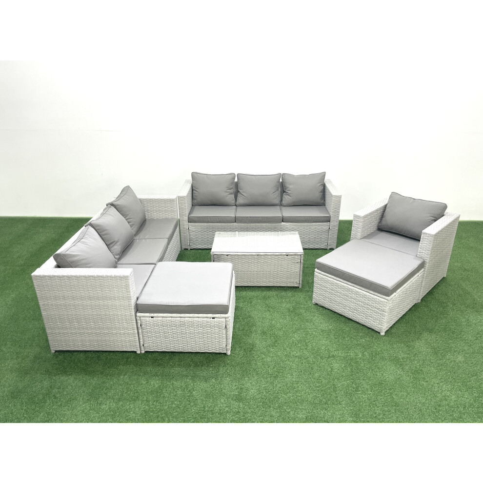 Fimous Wicker PE Rattan Sofa Garden Furniture Set with Armchair Oblong Coffee Table 2 Big Footstools Light Grey Mixed