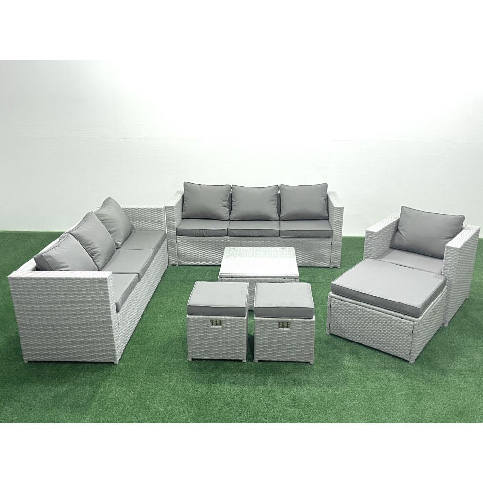 Fimous Wicker PE Rattan Sofa Garden Furniture Set with Armchair Square Coffee Table 3 Footstools Light Grey Mixed