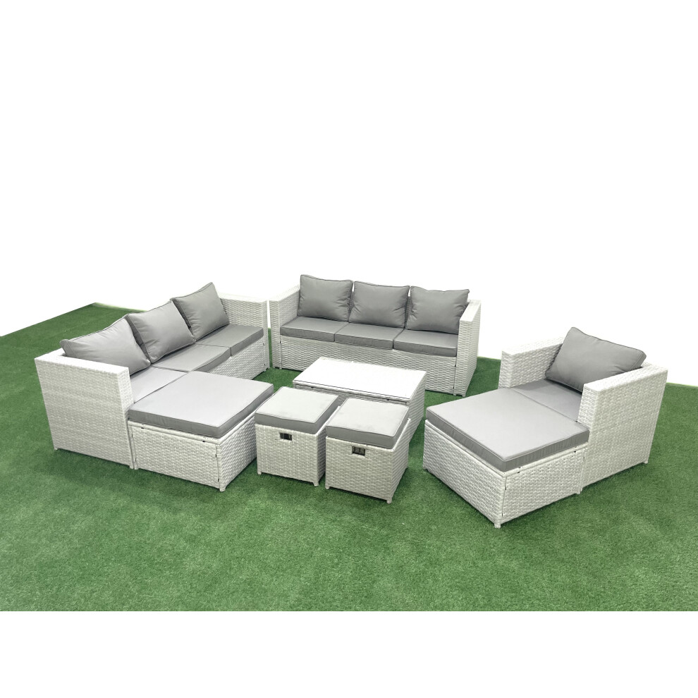 Fimous Rattan Garden Furniture Set 8 Pieces Outdoor Garden Sofa Chair Coffee Table Set with 4 Footstools Light Grey Mixed