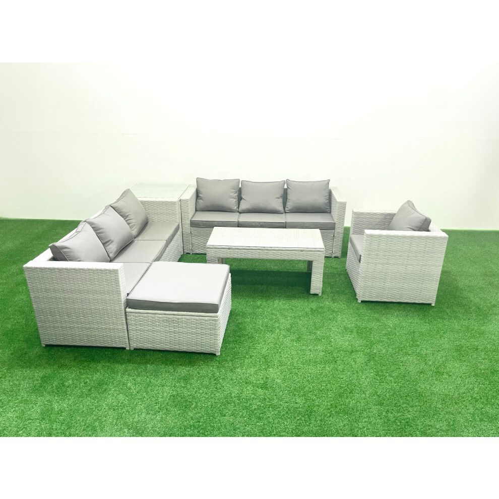 Fimous Wicker PE Rattan Sofa Garden Furniture Set with Oblong Coffee Table Armchair Big Footstool Side Table Light Grey Mixed