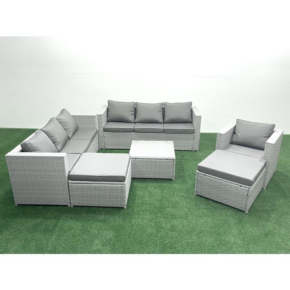 Fimous Wicker PE Rattan Sofa Garden Furniture Set with Armchair Square Coffee Table 2 Big Footstools Light Grey Mixed