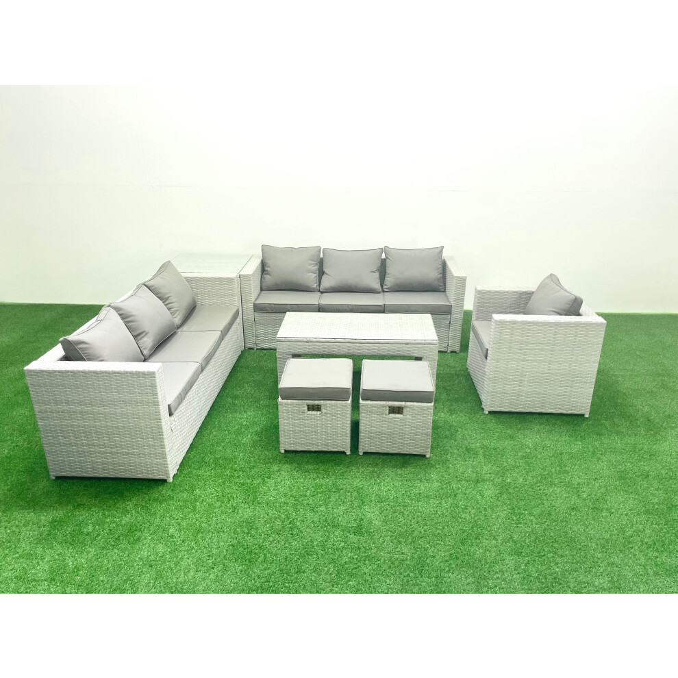 Fimous Wicker PE Rattan Sofa Garden Furniture Set with Oblong Coffee Table Armchair 2 Small Footstools Side Table Light Grey Mixed