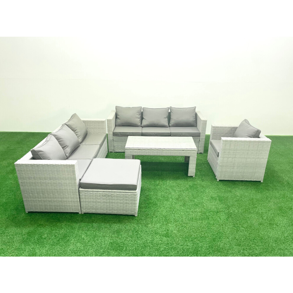 Fimous Wicker PE Rattan Sofa Garden Furniture Set with Oblong Coffee Table Armchair Big Footstool Light Grey Mixed