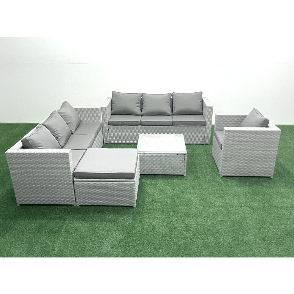 Fimous Wicker PE Rattan Sofa Garden Furniture Set with Armchair Square Coffee Table Big Footstool Light Grey Mixed