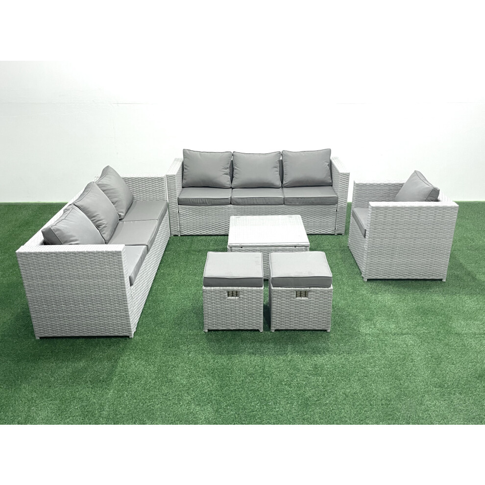 Fimous Wicker PE Rattan Sofa Garden Furniture Set with Armchair Square Coffee Table 2 Small Footstools Light Grey Mixed