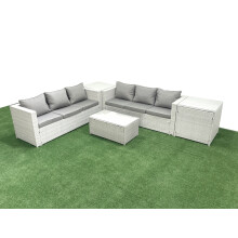 Fimous Garden Outdoor PE Rattan Furniture Set 6 Seater Rattan Garden Sofa Set with 2 Side Tables Light Grey Mixed