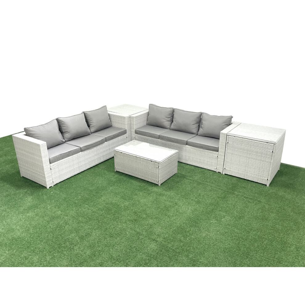 Fimous Garden Outdoor PE Rattan Furniture Set 6 Seater Rattan Garden Sofa Set with 2 Side Tables Light Grey Mixed