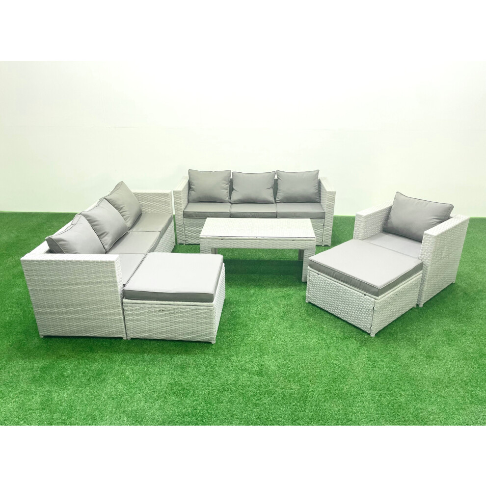 Fimous Wicker PE Rattan Sofa Garden Furniture Set with Oblong Coffee Table Armchair 2 Big Footstools Light Grey Mixed