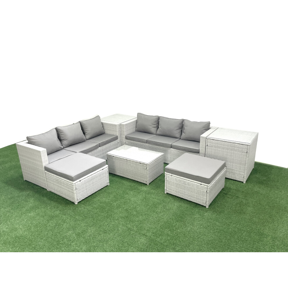 Fimous Garden Outdoor PE Rattan Furniture Set 8 Seater Rattan Garden Sofa Set With 2 Big Footstools 2 Side Tables Light Grey Mixed