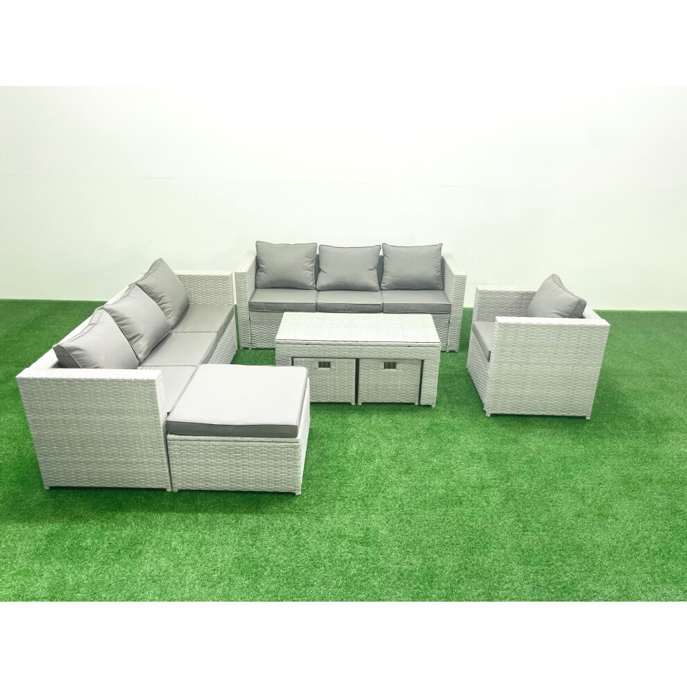 Fimous Wicker PE Rattan Sofa Garden Furniture Set with Oblong Coffee Table Armchair 3 Footstools Light Grey Mixed