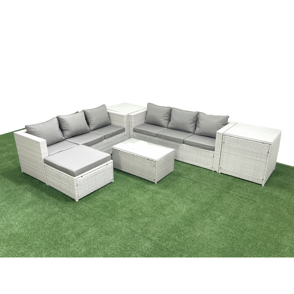 Fimous Garden Outdoor PE Rattan Furniture Set 7 Seater Rattan Garden Sofa Set with Big Footstool 2 Side Tables Light Grey Mixed