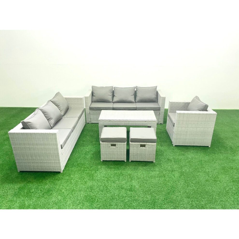 Fimous Wicker PE Rattan Sofa Garden Furniture Set with Oblong Coffee Table Armchair 2 Small Footstools Light Grey Mixed